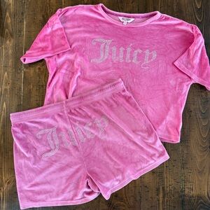 Juicy Couture Pink Velour Tee and Shorts Pajama Set with Rhonestone logo Sz XL